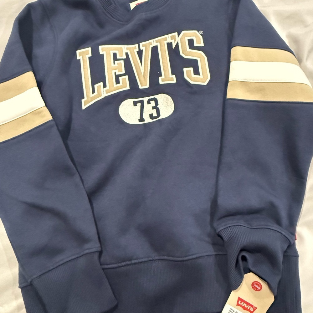 Boys Levi's Navy Crewneck Sweatshirt with Tan & White Sleeve Stripes